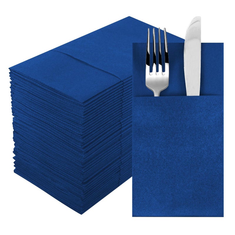 Navy Dinner Napkins with Builtin Flatware Pocket Cloth Like Napkins LinenFeel Disposable Hand Napkins for Kitchen Parties Weddings Dinners or Events 16x16inches Pack of 50